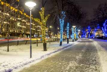Christmas new year street lighting in the night Moscow
