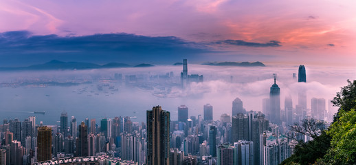 Misty City and Harbor at Sunrise - Victoria Harbor of Hong Kong - obrazy, fototapety, plakaty