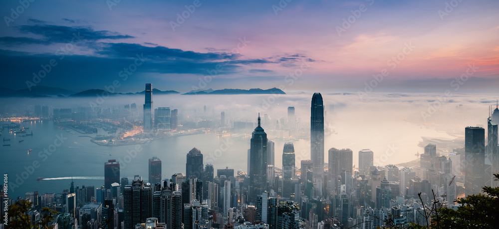 Poster Misty City and Harbor at Sunrise - Victoria Harbor of Hong Kong