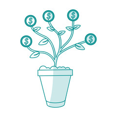blue silhouette shading cartoon potted plant with coins vector illustration