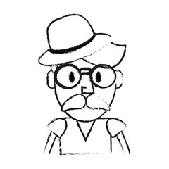 blurred silhouette half body caricature old man bearded with small hat vector illustration