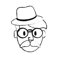 blurred silhouette front face caricature old man bearded with lens and hat vector illustration