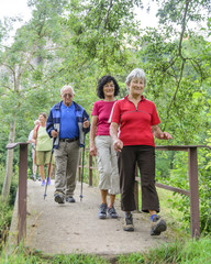 Wanderer überqueren eine kleine Brücke