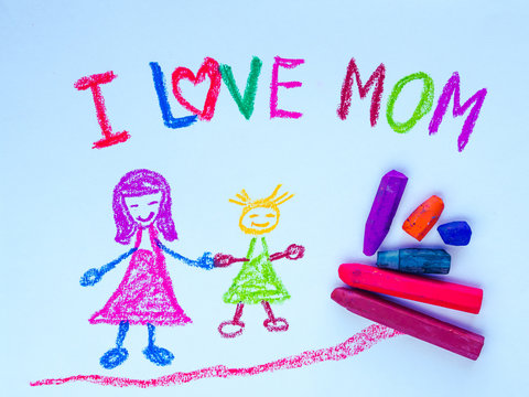 Kid drawing of mother holding her daughter for happy mother's day theme