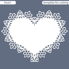 Obraz na płótnie Canvas Greeting card with openwork border, paper doily under the cake, template for cutting in the form of heart, valentine card, wedding invitation, decorative plate is laser cut, vector illustrations.