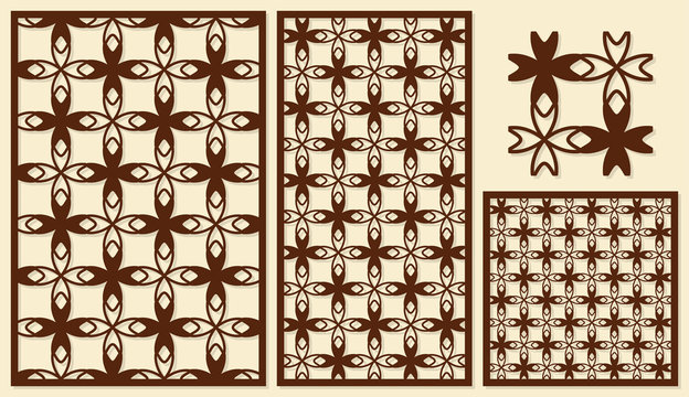 Set of decorative panels laser cutting. Repeated geometric pattern. The ratio of 2: 3, 1: 2, 1: 1. Vector illustration.