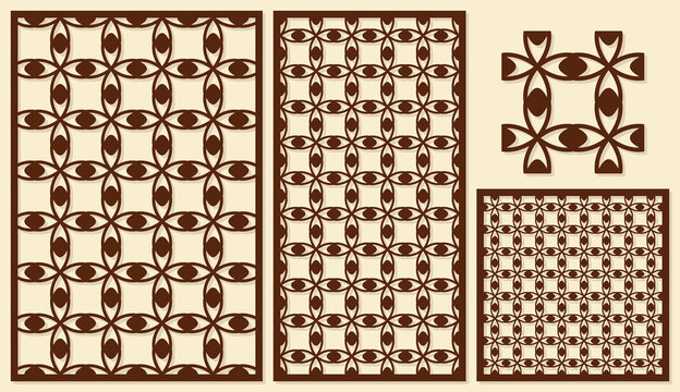 Set of decorative panels laser cutting. Repeated geometric pattern. The ratio of 2: 3, 1: 2, 1: 1. Vector illustration.