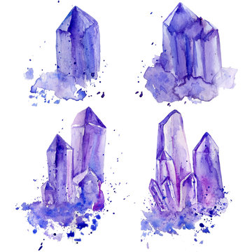 Watercolor purple crystals amethyst cluster hand drawn painting illustration isolated on white backdrop tanzanit gem stones for design fashion advertising, geological logo, jewelry store, beauty salon