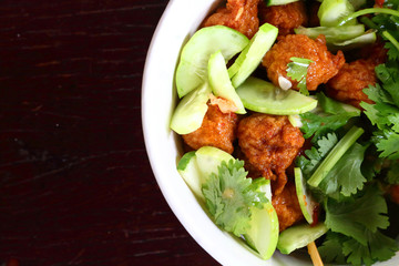 pork fried and herbs take photo on top with space for text or any think