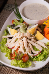 Fresh green salad with chicken and lettuce Fresh summer background Healthy eating