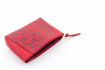 Red leather cosmetic bag.
