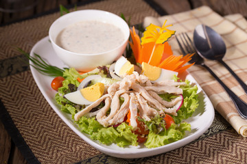 Fresh green salad with chicken and lettuce Fresh summer background Healthy eating