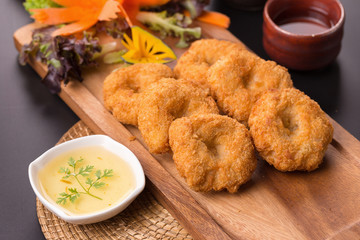 fried shrimp pancake on wooden plate  , Thai food