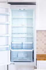 Opened new empty fridge with shelves and drawers for meat and vegetables.  © rois010