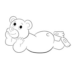 monochrome vector illustration of a young cartoon brown bear lying on a ground in a dreaming mood. On a white background