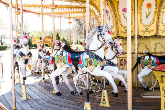 Carousel with horses in a children's amusement park.