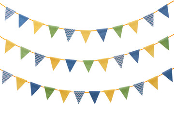 Bunting party flags made from scrapbook paper isolated on white background - obrazy, fototapety, plakaty