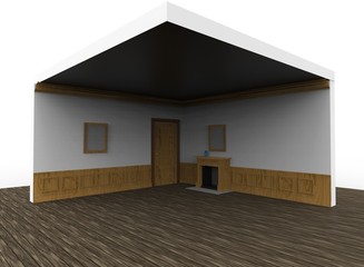 3d illustration of empty room with fireplace. white background isolated. icon for game web.