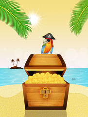 Obraz premium treasure chest and pirate parrot