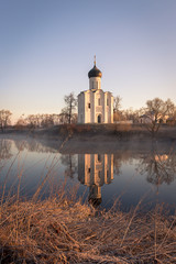 Traditional orthodox church in the rays of the first spring sun, Nerli, Russia