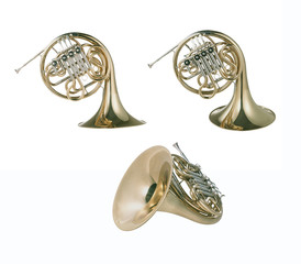 French horn in different view points, isolated on white background with clipping mask.
