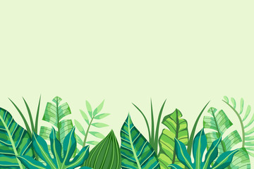 Green Tropical Background with leaves in the bottom side. Vector illustration.