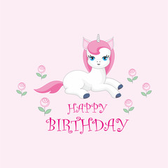Happy birthday greeting card with the image of cute unicorn. Colorful vector illustration