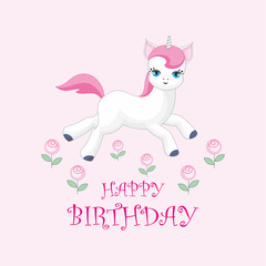 Obraz na płótnie Canvas Happy birthday greeting card with the image of cute unicorn. Colorful vector illustration
