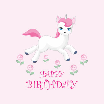 Happy birthday greeting card with the image of cute unicorn. Colorful vector illustration