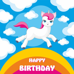 Happy birthday greeting card with the image of cute unicorn. Colorful vector illustration