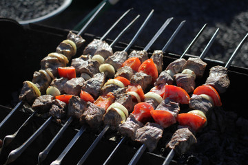 Eating in the open air: shish kebab on the grill
