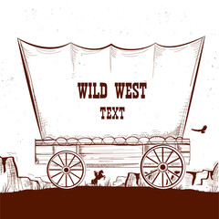 Wild west wagon with american prairies.Vector illustration background - obrazy, fototapety, plakaty