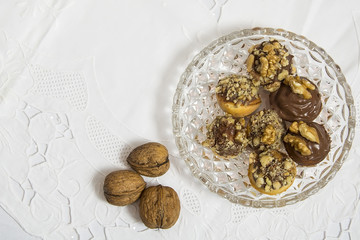 Walnuts, dessert ,On a white tablecloth