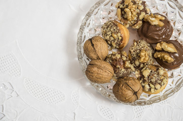 Walnuts, dessert,On a white tablecloth