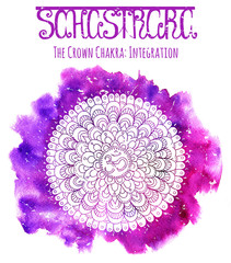 Hand drawn white crown chakra on watercolor background with lettering