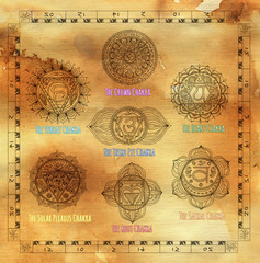 Collection of sacral chakras in frame on paper background