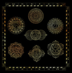 Collage set with gold sacral chakras of human body on black background