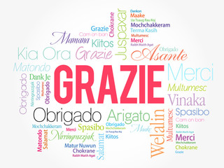 Grazie (Thank You in Italian) Word Cloud background, all languages, multilingual for education or thanksgiving day