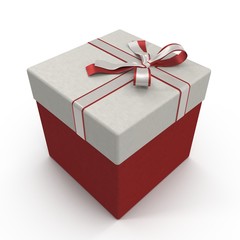 Square red giftbox with lid tied with an ornamental ribbon on white. 3D illustration