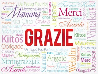 Fototapeta premium Grazie (Thank You in Italian) Word Cloud background, all languages, multilingual for education or thanksgiving day