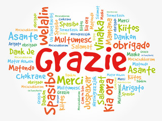 Fototapeta premium Grazie (Thank You in Italian) Word Cloud background, all languages, multilingual for education or thanksgiving day