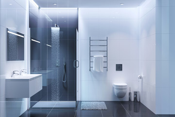 Black and white modern shower room in the evening - obrazy, fototapety, plakaty
