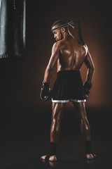 Fototapeta na wymiar Back view of shirtless Muay Thai athlete standing in studio, boxing gloves fight concept