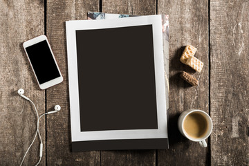 Blank book or magazine cover on wood background