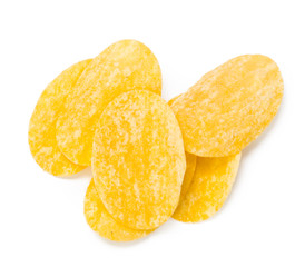 yellow potato chips isolated on white