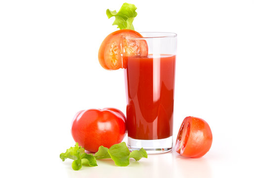 Tomato juice, fresh tomatoes on the white background
