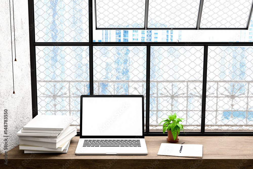 Poster Front view of workpark with blank laptop screen, blank frame, and notebook in modren home office work.for Mock up, 3D illustration rendering