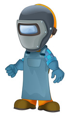 cartoon construction worker in some additional safety cover welder in mask