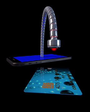 3D illustration of a robotic snake emerging from a mobile phone and copying information from a credit card. Concept for security and privacy violations; phone and payment card graphics are fictitious.