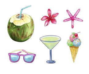 summer vacation travel and beach objects: sunglasses, coconut, coctail, plumeria flower, starfish and ice cream Watercolor illustration